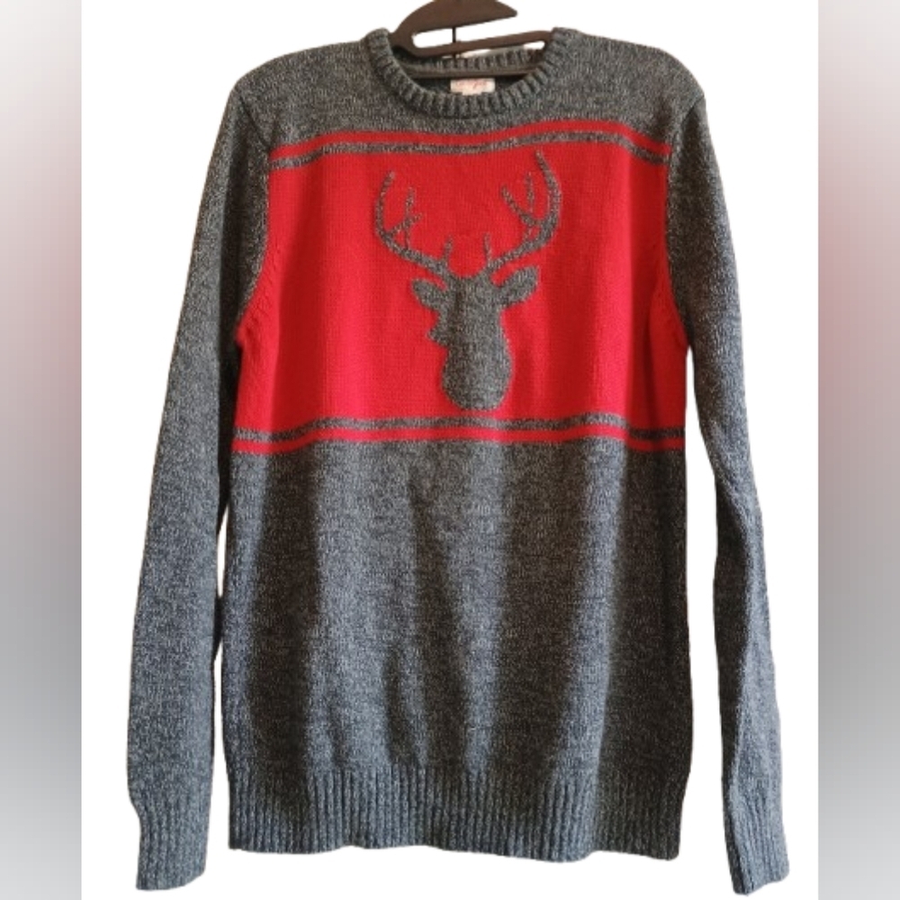 Cat & Jack Boys Size XXL 18 Gray Red Deer Stag Sweater‎ Winter Knit